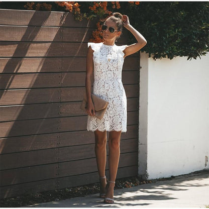 Dress for women – Slim fit lace – Mini length – High neck – Short sleeves