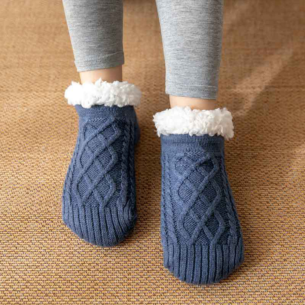 Isla Fleece-Lined Ankle Fit Slipper Socks | Cable Knit Fuzzy Cuff Slipper Socks
