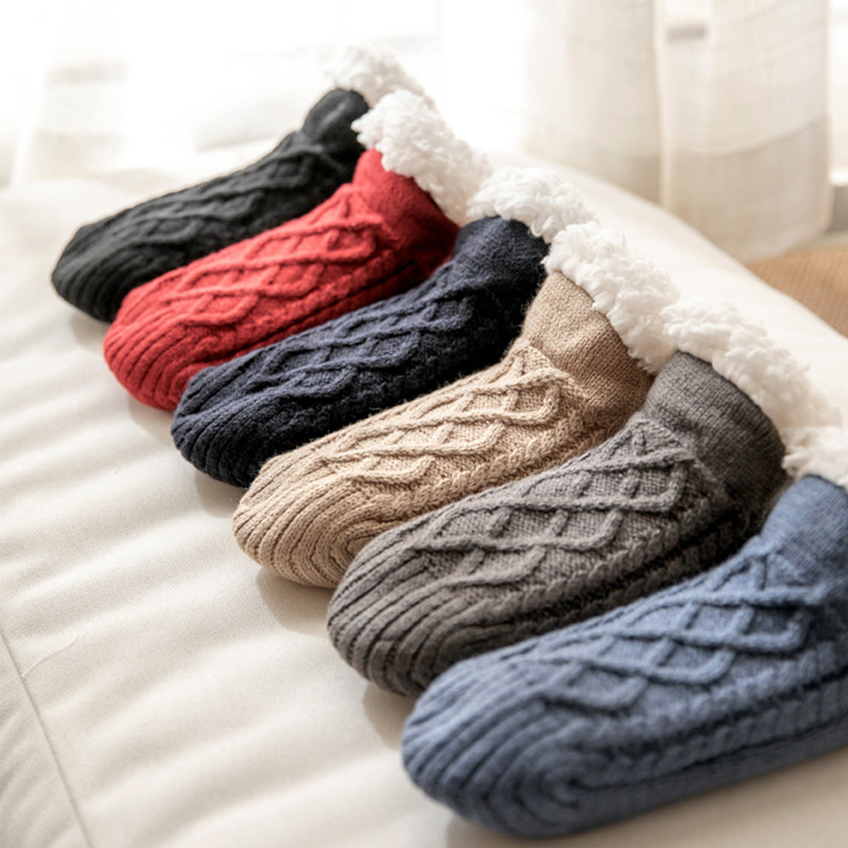 Isla Fleece-Lined Ankle Fit Slipper Socks | Cable Knit Fuzzy Cuff Slipper Socks