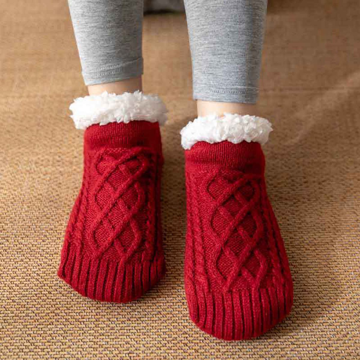 Isla Fleece-Lined Ankle Fit Slipper Socks | Cable Knit Fuzzy Cuff Slipper Socks