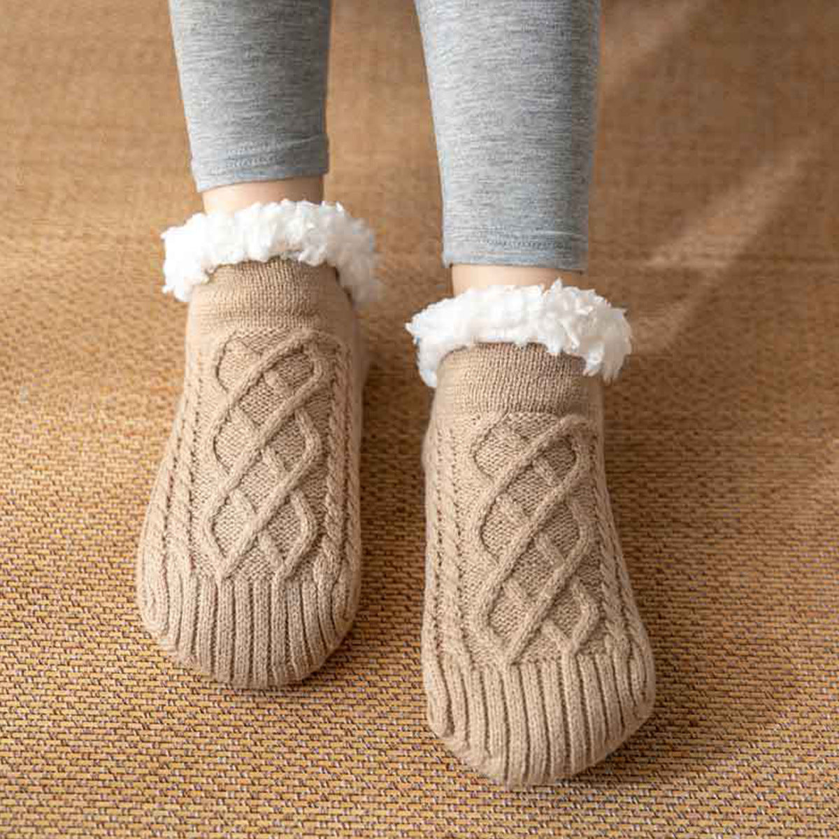 Isla Fleece-Lined Ankle Fit Slipper Socks | Cable Knit Fuzzy Cuff Slipper Socks