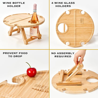 Oak Wood Foldable Table with Wine and Glass Slots