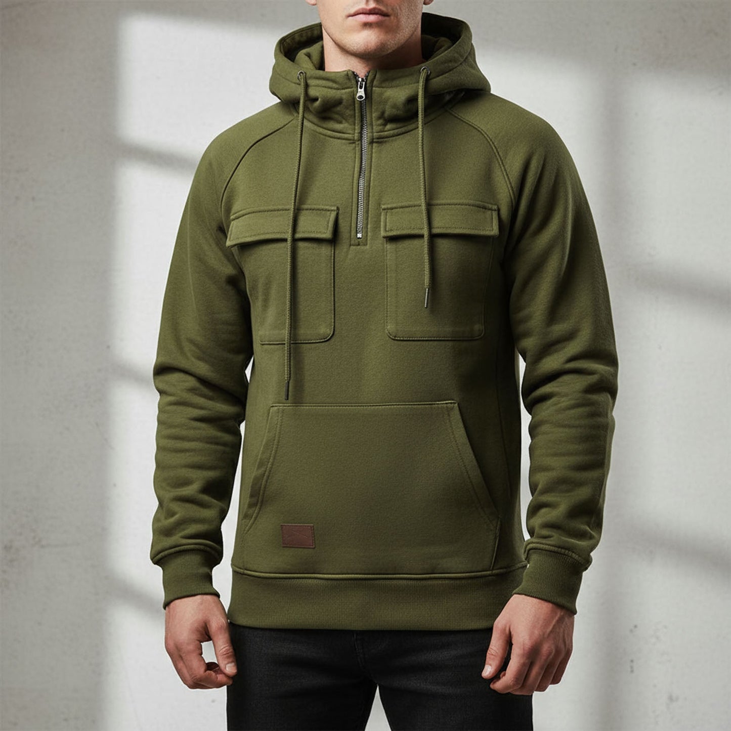 Adam Relaxed Fit Quarter-Zip Hoodie | Flap Pockets Kangaroo Pocket Hoodie