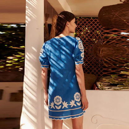 Dress for Women - Short Style - Round Neck - Embroidered Floral Design - Relaxed Fit