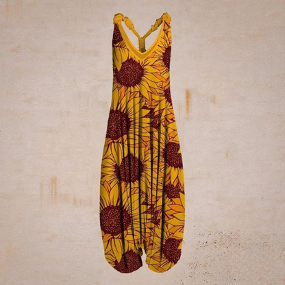 Women's Jumpsuit – Loose-Fitting Harem Style – Sleeveless V-Neck – Bohemian Casual Look