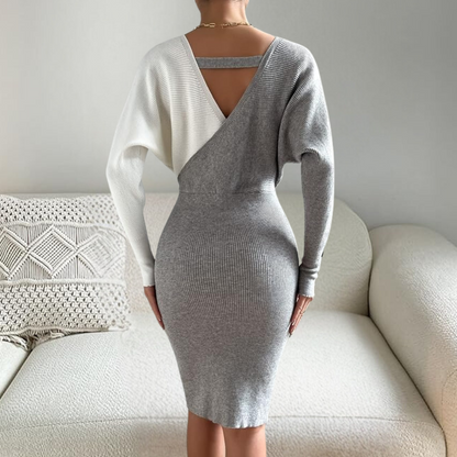 Women's Knitted Bodycon Dress – V-neck – Long-sleeved – Chain Detail at the Waist