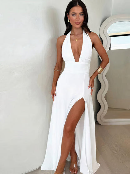 Women's Maxi Dress - Halterneck - Fitted Waist - High Slit - Elegant and Airy