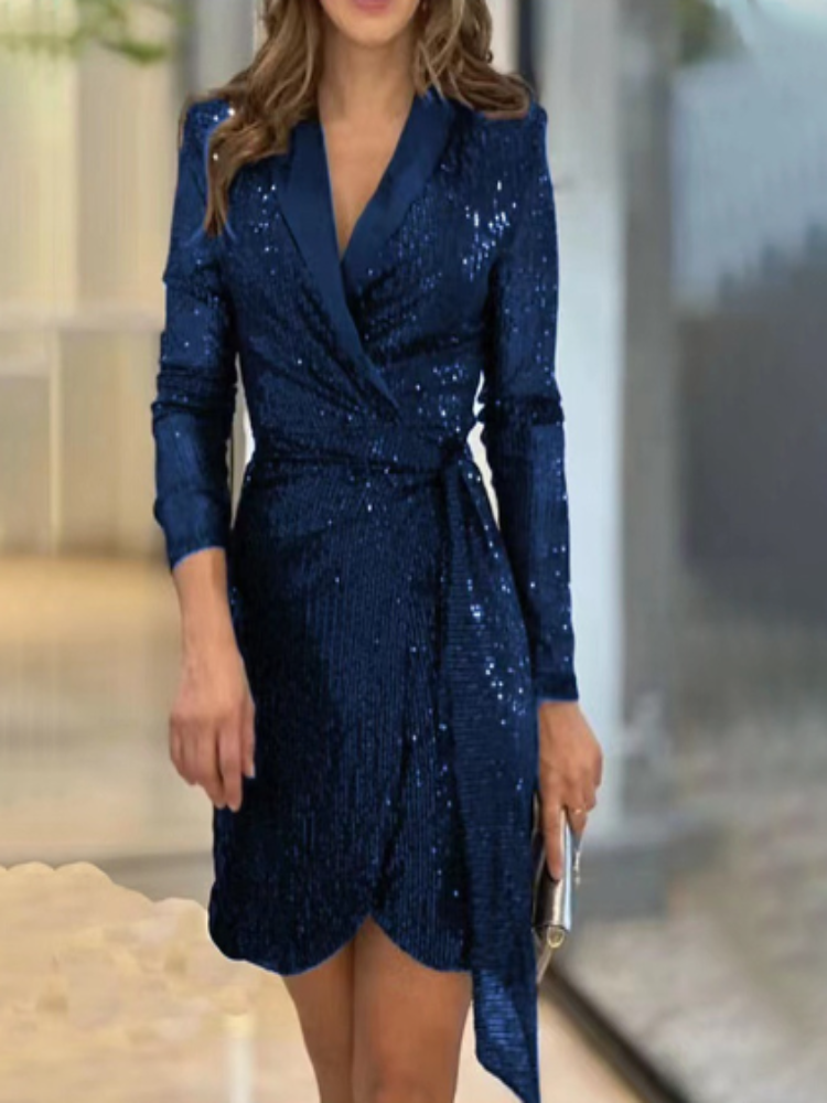 Women's Dress – Sequin Wrap Design – V-Neck – Long Sleeves – Elegant Party Look