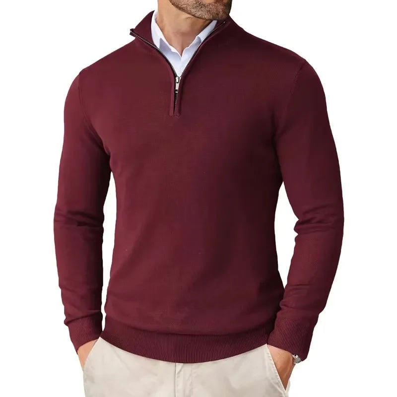 Men's Sweater – Regular Fit – Soft Knit – Zip Collar – Ribbed Edges