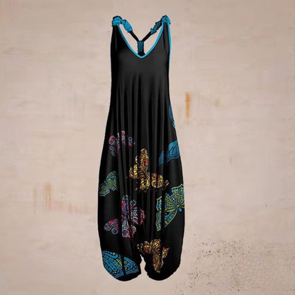 Women's Jumpsuit – Loose-Fitting Harem Style – Sleeveless V-Neck – Bohemian Casual Look