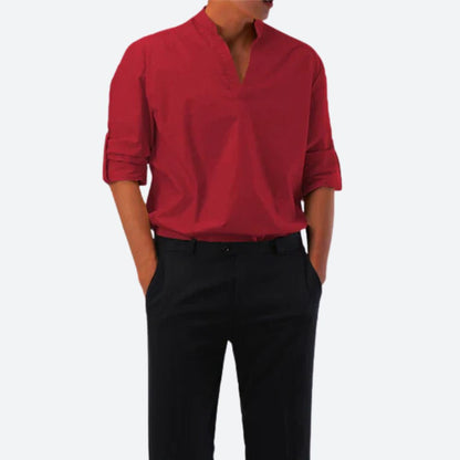 Men's Shirt with Long Sleeves – Relaxed Fit – Light and Breathable – V-Neck without Collar