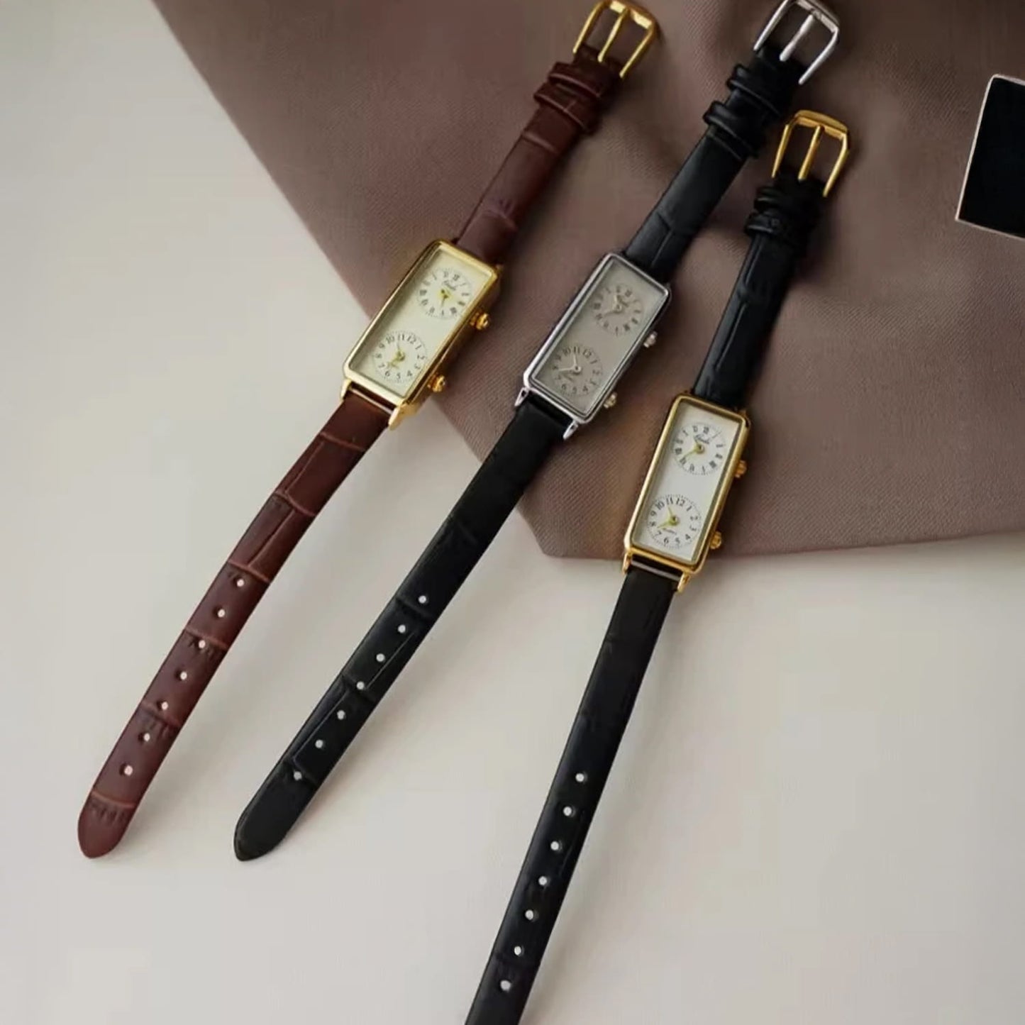 Amelia Faux Leather Rectangular Case Wristwatch | Dual Dial Roman Numerals Wristwatch