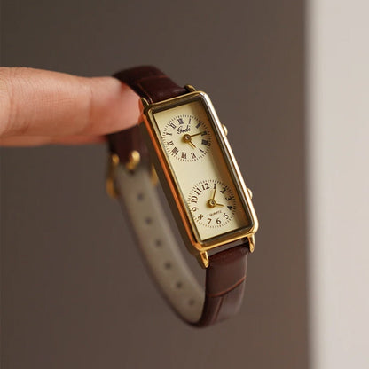 Amelia Faux Leather Rectangular Case Wristwatch | Dual Dial Roman Numerals Wristwatch