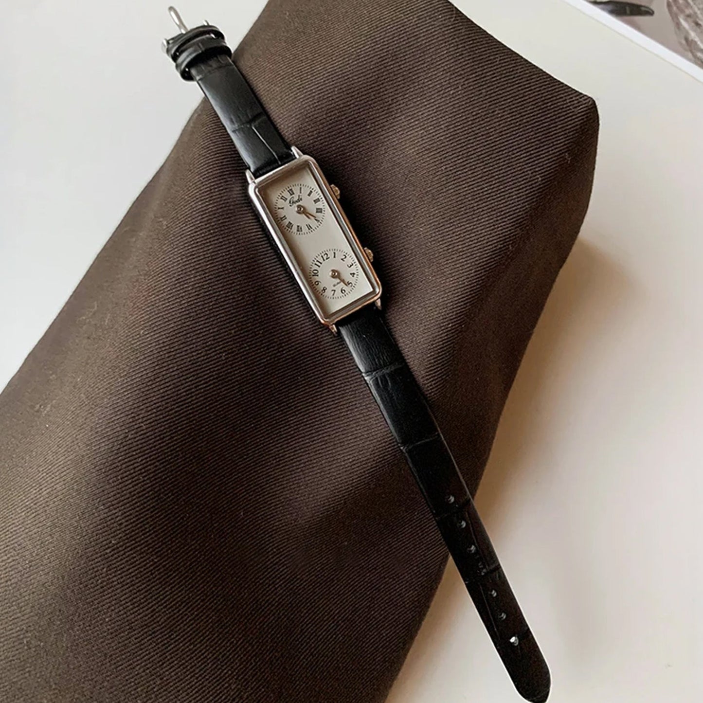 Amelia Faux Leather Rectangular Case Wristwatch | Dual Dial Roman Numerals Wristwatch