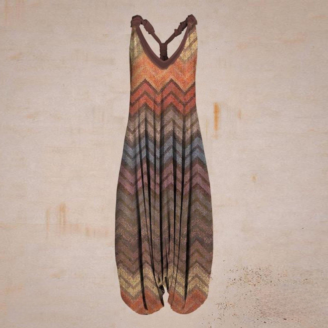 Women's Jumpsuit – Loose-Fitting Harem Style – Sleeveless V-Neck – Bohemian Casual Look