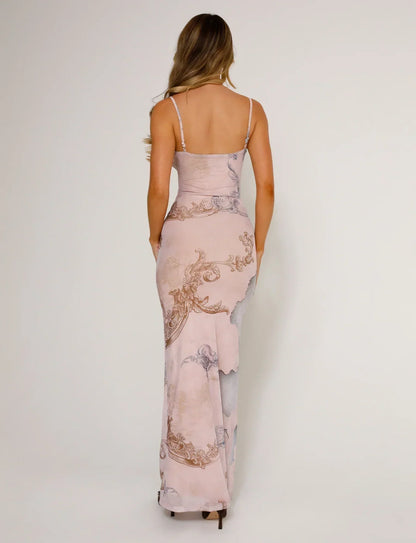 Dame Maxikjole – Figursyet Pasform – V-Hals – Tynde Stropper – Blonder med Blomster