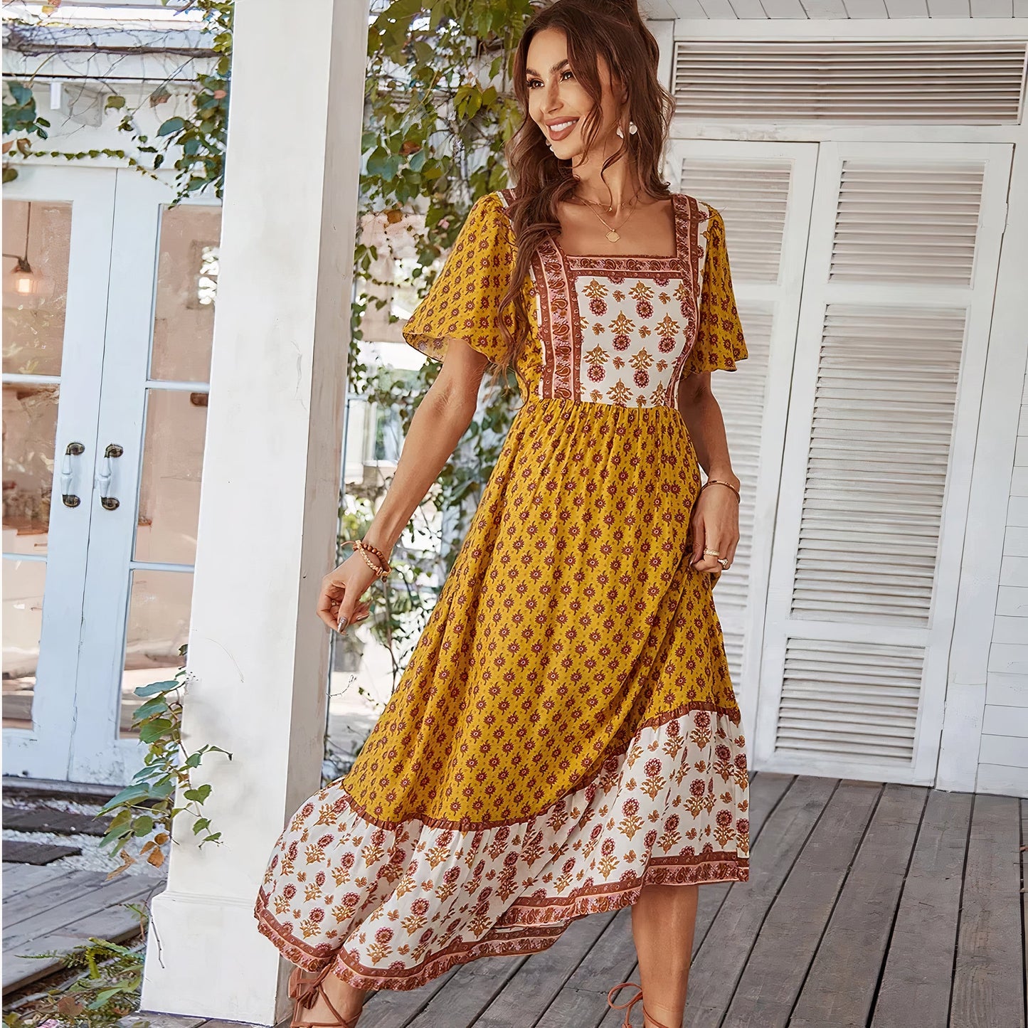 Women's Maxi Dress - Bohemian Style - Short Ruffle Sleeves - Floral & Geometric Pattern