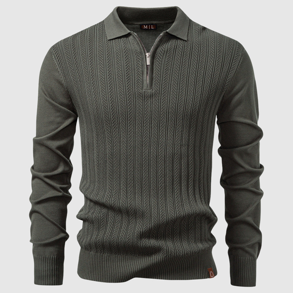 Hugo Textured Knit Hip-Length Polo Sweater | Half-Zip Regular Fit Polo Sweater