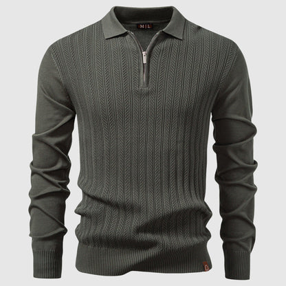 Hugo Textured Knit Hip-Length Polo Sweater | Half-Zip Regular Fit Polo Sweater