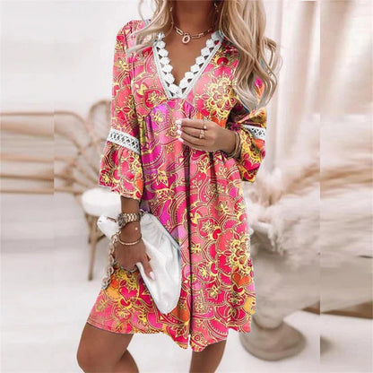 Women's Dress – Relaxed Fit – V-Neck with Lace Details – Floral Pattern – Breathable Fabric