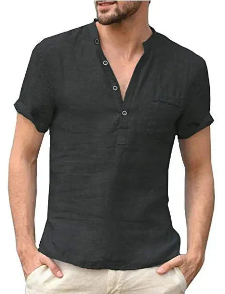 Men's Shirt – Short Sleeve – Natural Fibers – Regular Fit – Band Collar – Chest Pocket