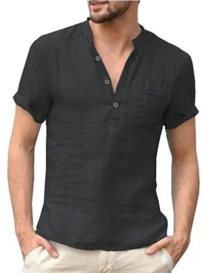 Men's Shirt – Short Sleeve – Natural Fibers – Regular Fit – Band Collar – Chest Pocket