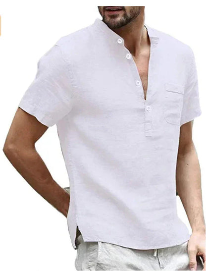 Men's Shirt – Short Sleeve – Natural Fibers – Regular Fit – Band Collar – Chest Pocket