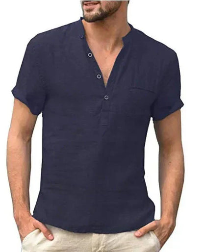 Men's Shirt – Short Sleeve – Natural Fibers – Regular Fit – Band Collar – Chest Pocket