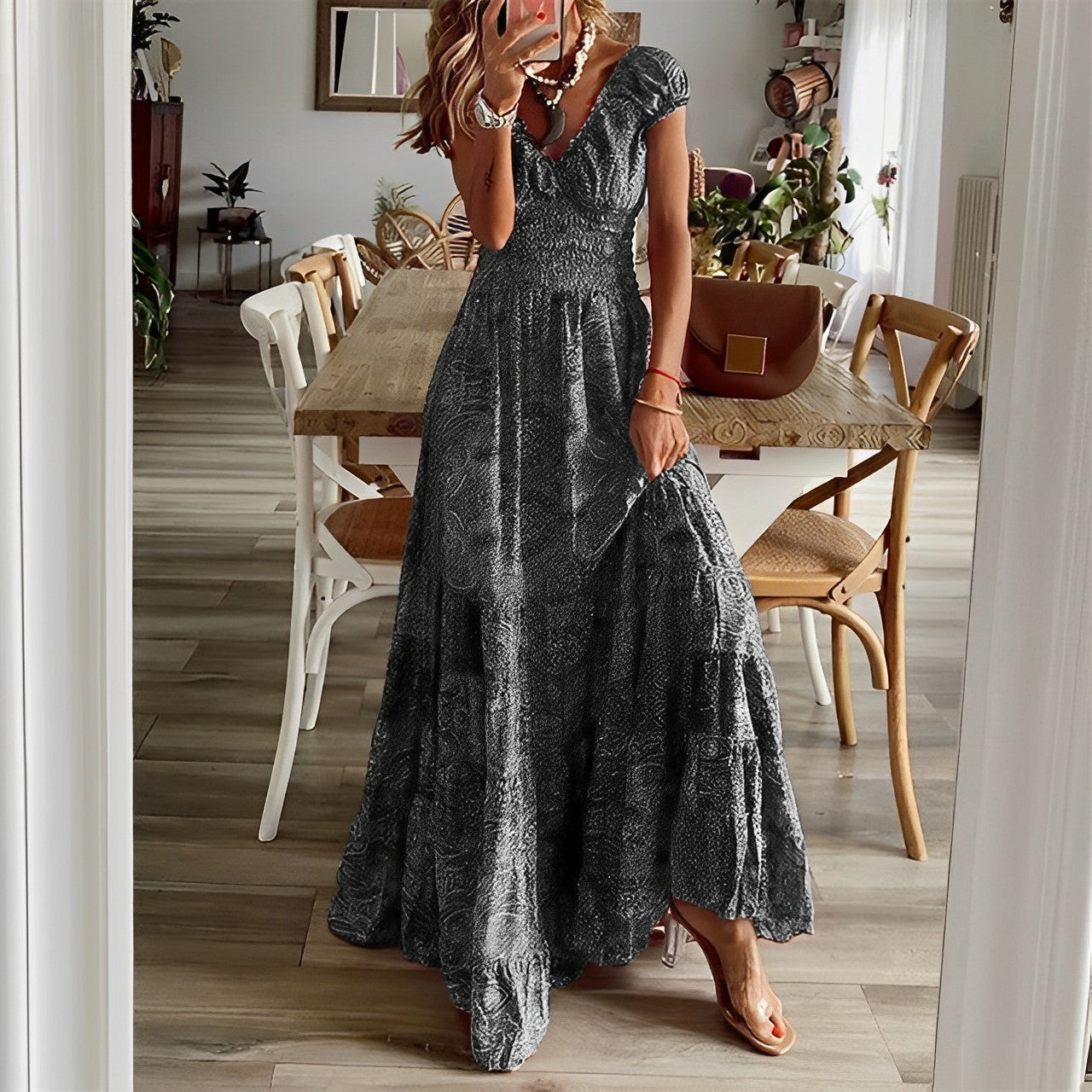 Dress for Women – Maxi Length – V-Neck – Short Sleeve – Light and Airy Fit