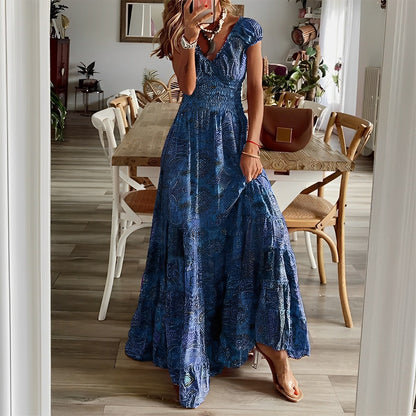 Dress for Women – Maxi Length – V-Neck – Short Sleeve – Light and Airy Fit