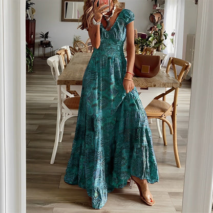 Dress for Women – Maxi Length – V-Neck – Short Sleeve – Light and Airy Fit