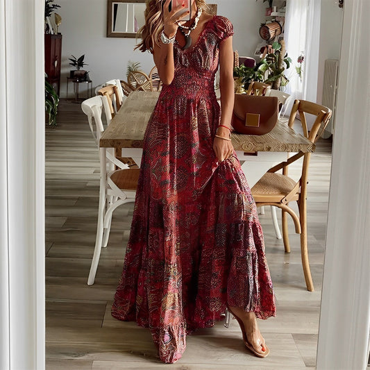 Dress for Women – Maxi Length – V-Neck – Short Sleeve – Light and Airy Fit