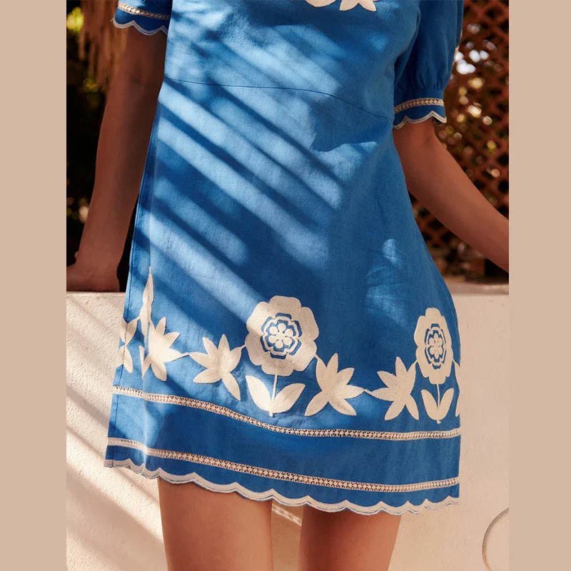 Dress for Women - Short Style - Round Neck - Embroidered Floral Design - Relaxed Fit