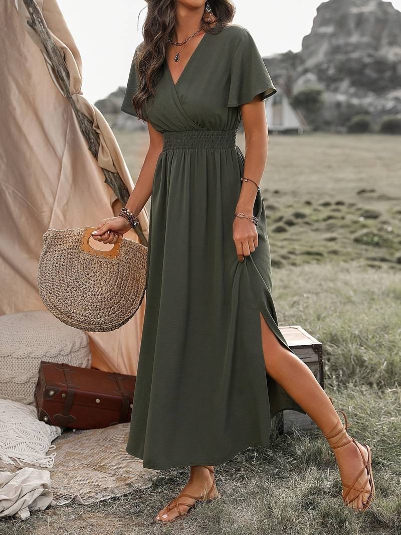 Women's Midi Dress – A-line – V-neck Wrap – Short Sleeves – Light and Breathable