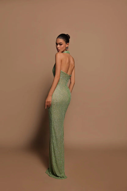 Women's Evening Dress – Slim Fit – Halterneck – Open Back – Shiny Details