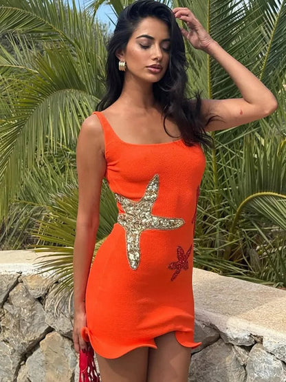Women's Mini Dress – Slim Fit – Sleeveless – Embroidered – Wavy Hem – Party Look