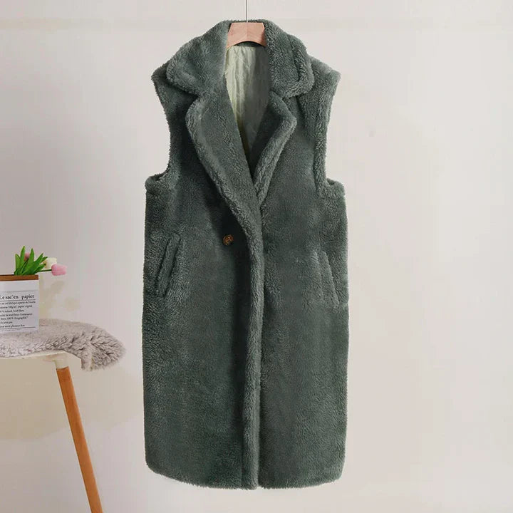 Women's Teddy Coat – Sleeveless – Oversized Fit – Soft Plush – Button Closure – Mid-Length