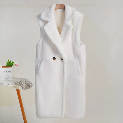 Women's Teddy Coat – Sleeveless – Oversized Fit – Soft Plush – Button Closure – Mid-Length