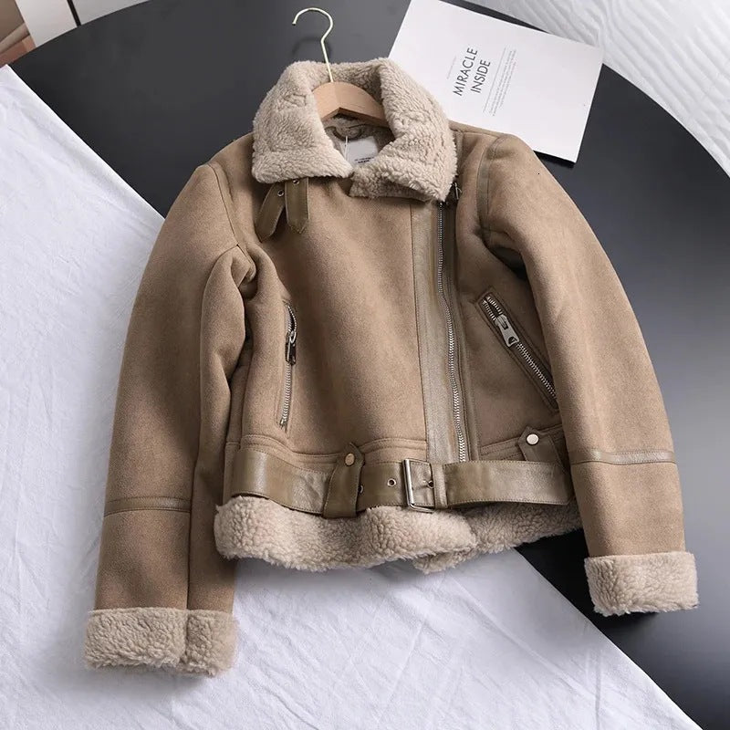 Amelia Regular Fit Shearling Jacket | Shearling Trim Belted Jacket
