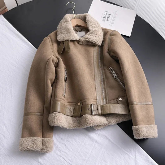Amelia Regular Fit Shearling Jacket | Shearling Trim Belted Jacket