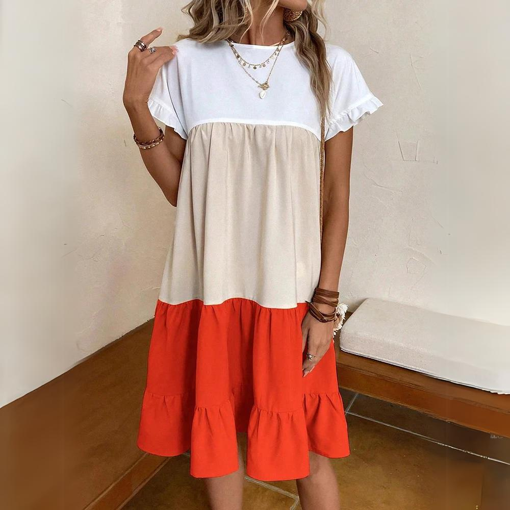 Women's Dress - Short-Sleeved Loose Fit - Round Neck - Light and Airy Design