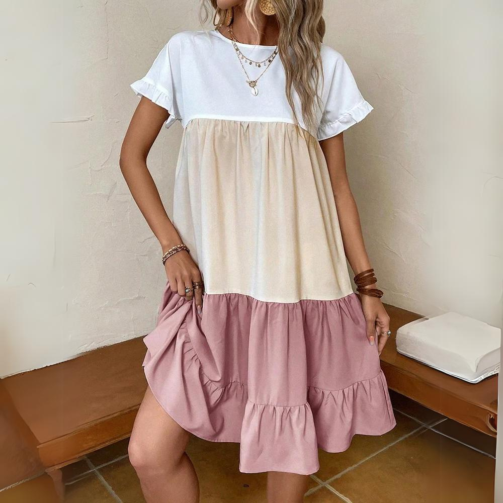 Women's Dress - Short-Sleeved Loose Fit - Round Neck - Light and Airy Design