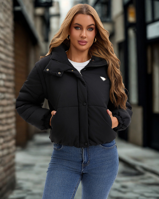 Women’s Puffer Jacket - Quilted - Stand Collar - Cropped Length - Long Sleeve