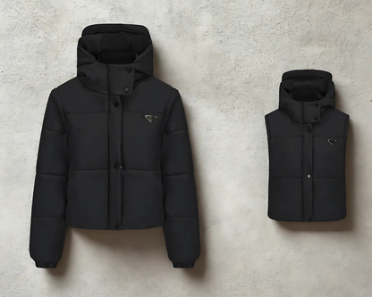 Women’s Puffer Jacket - Quilted - Stand Collar - Cropped Length - Long Sleeve
