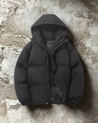 Men’s Puffer Coat - Insulated - Hip Length - Attached Hood - Elasticated Hem
