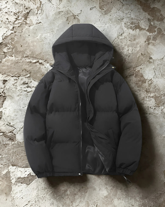 Men’s Puffer Coat - Insulated - Hip Length - Attached Hood - Elasticated Hem