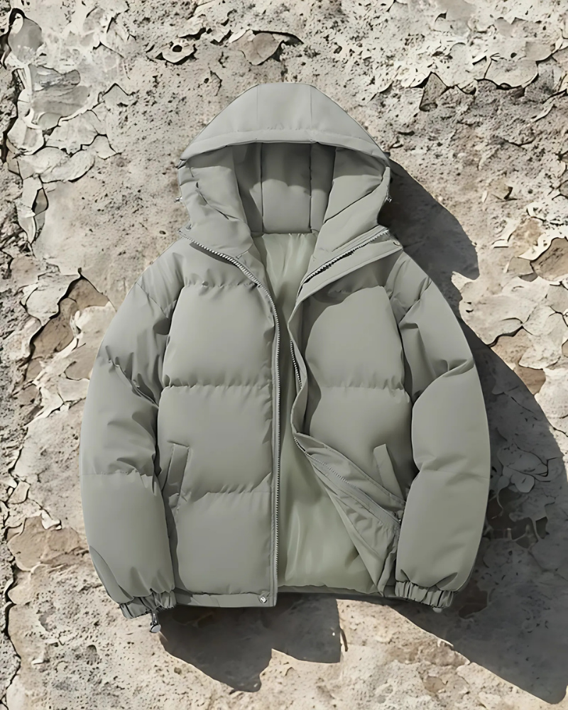 Men’s Puffer Coat - Insulated - Hip Length - Attached Hood - Elasticated Hem
