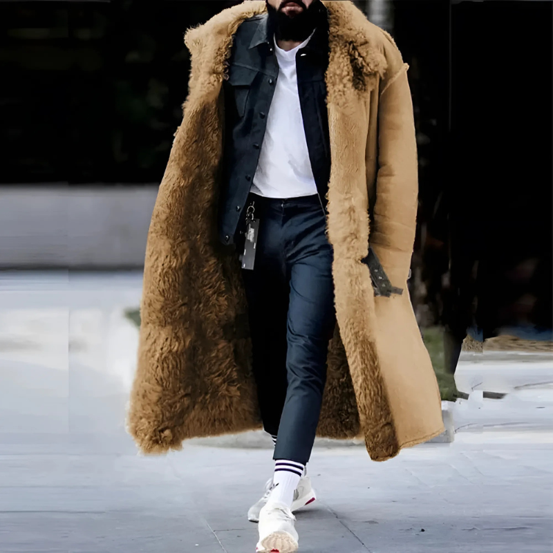 Men’s Trench Coat - Suede - Longline - Shearling Lined - Notched Lapel Collar
