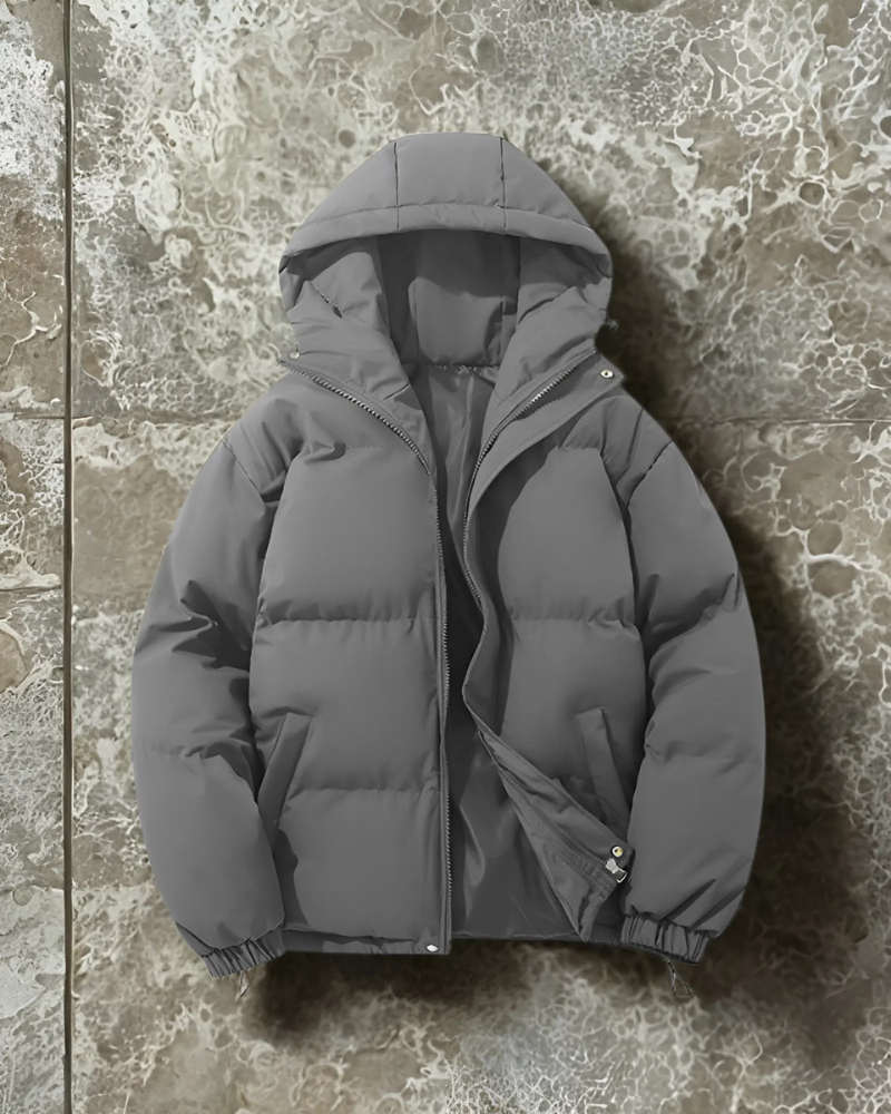Men’s Puffer Coat - Insulated - Hip Length - Attached Hood - Elasticated Hem