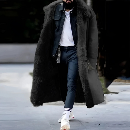 Men’s Trench Coat - Suede - Longline - Shearling Lined - Notched Lapel Collar